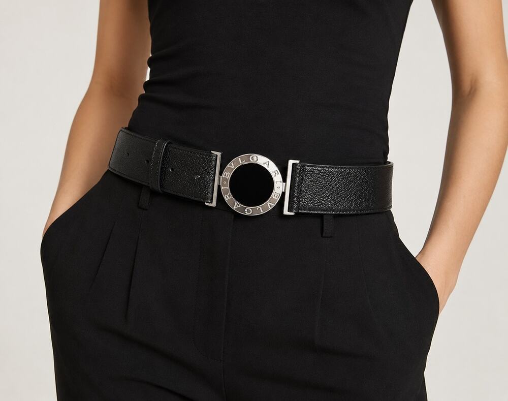 Bvlgari Black Pebbled Leather Belt Silver Logo Buckle Women's Size 90/36